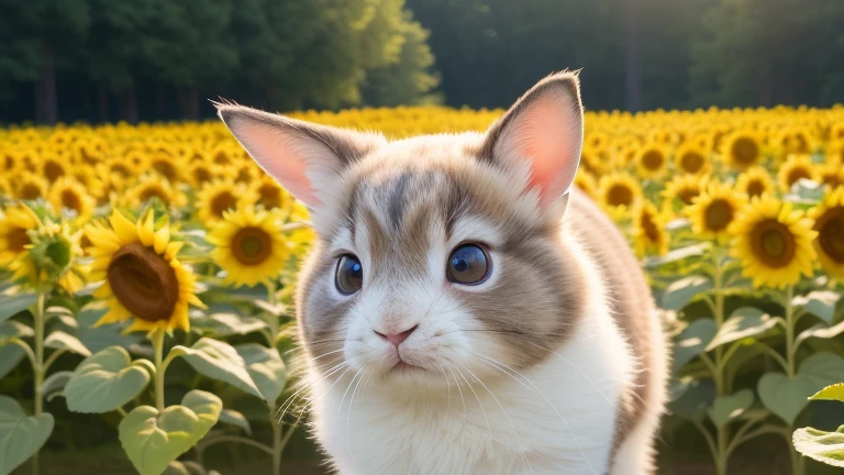 (Highest quality, masterpiece, Ultra-high resolution, (Realistic:1.4), RAW Photos, Deep writing depth,Professional Animal Photography Full Body,Professional Lighting, Perfect Anatomy, Very detailed),A cute rabbit in two-tone white and brown (Very cute face, (Very cute big eyes), Very realistic fur, Very cute long eyelashes, Very cute lips),,In the background, a sunflower field stretches to the horizon.