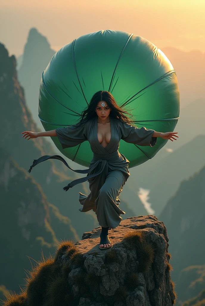 Birdseye view. beautiful woman, born Thai-korean as Tsunade Senju with a diamond mark on her forehead from the anime series “Naruto.” 30 years old at amidst Huangshan Mountain at sunset. dynamic martial arts on top cliff. she wears deep v neckline gray kimono that is not tied . (the round a green cardigan is getting bigger, like a balloon about to pop). Show her boobs, black long hair. chuckle. black open-toed sandals with high heels. high resolution, realistic, 8k