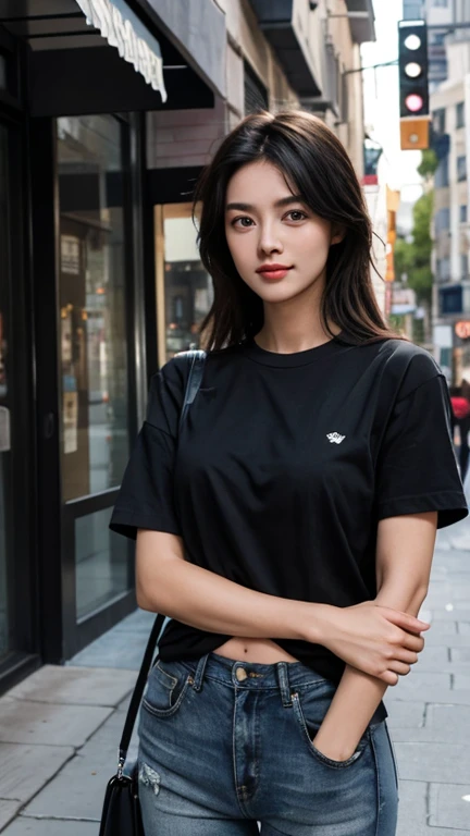 1 female, Black T-shirt,jeans, Realistic, photograph, Posing, real photograph, Street
