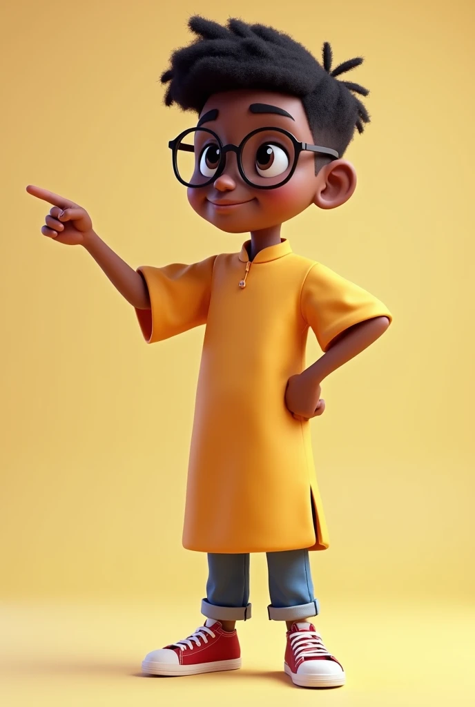 3d cartoon photo of handsome 17 year old african american young man with persuasive look, wearing glasses pointing in one direction dressed in a smock on a solid single color background standing with his feet crossed, full portrait image