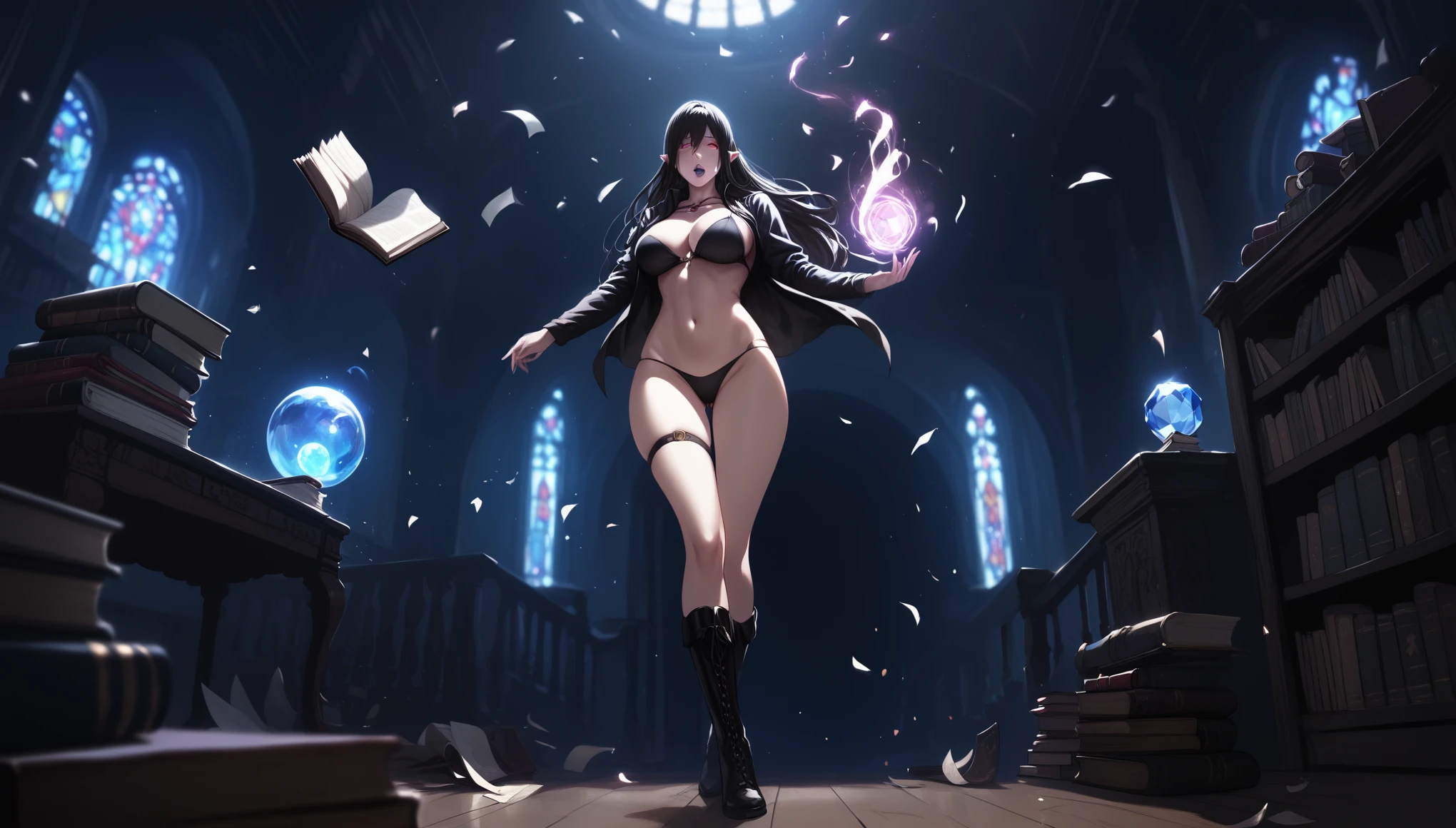 (hews art style:0.7), (asura art style:0.7), score_9, score_8_up, score_7_up, score_6_up, score_5_up, score_4_up, uncensored, black hair, red eyes, purple lipstick, hair between eyes, long hair, short pointy ears, pale skin, BREAK (masterpiece:1.2), best quality, high resolution, (detailed eyes:1.3), perfect lighting, (perfect hands, perfect anatomy), 1girl, solo, breasts, looking at viewer, large breasts, huge breasts, thighs, boots, groin, book, thigh gap, gem, floating, wide hips, open book, magic, floating object, bare hips, messy room, paper, spotlight, (fantasy illustration:1.3), depth of field, cropped hoodie, black bikini, long sleeves, floating book, gesugao