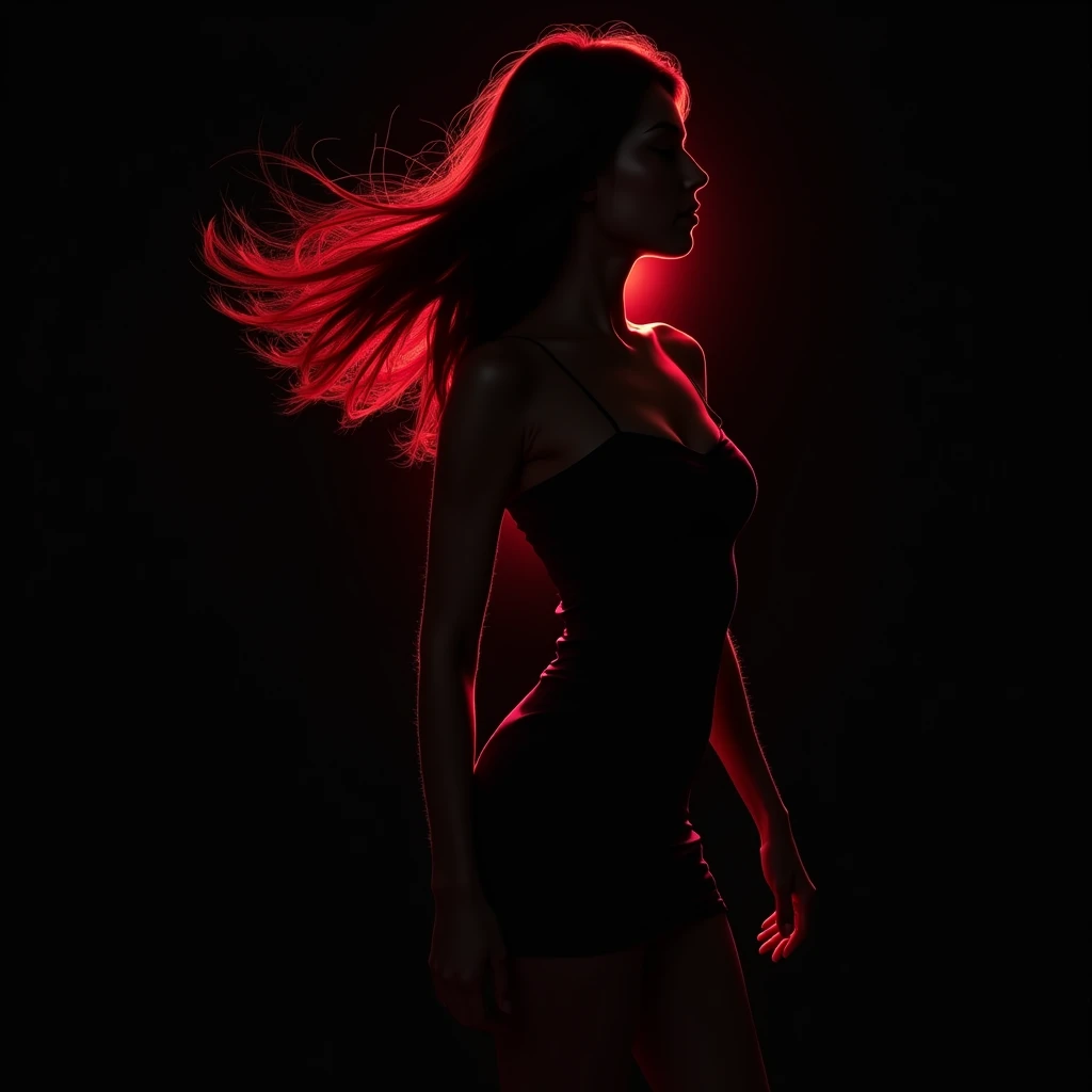 (dark:1.8),velvet dress,red rim light,(((red backlighting))),red outline，Silhouette effect,