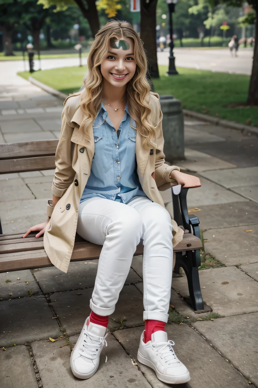 Highest quality, High resolution, 8k wallpaper, Beautiful Caucasian Woman、, Sitting on a park bench、 、trench coat、, Skinny jeans, White sneakers 、 Blonde 、Wavy Hair、 、ear piercing、smile、Beautiful teeth alignment

