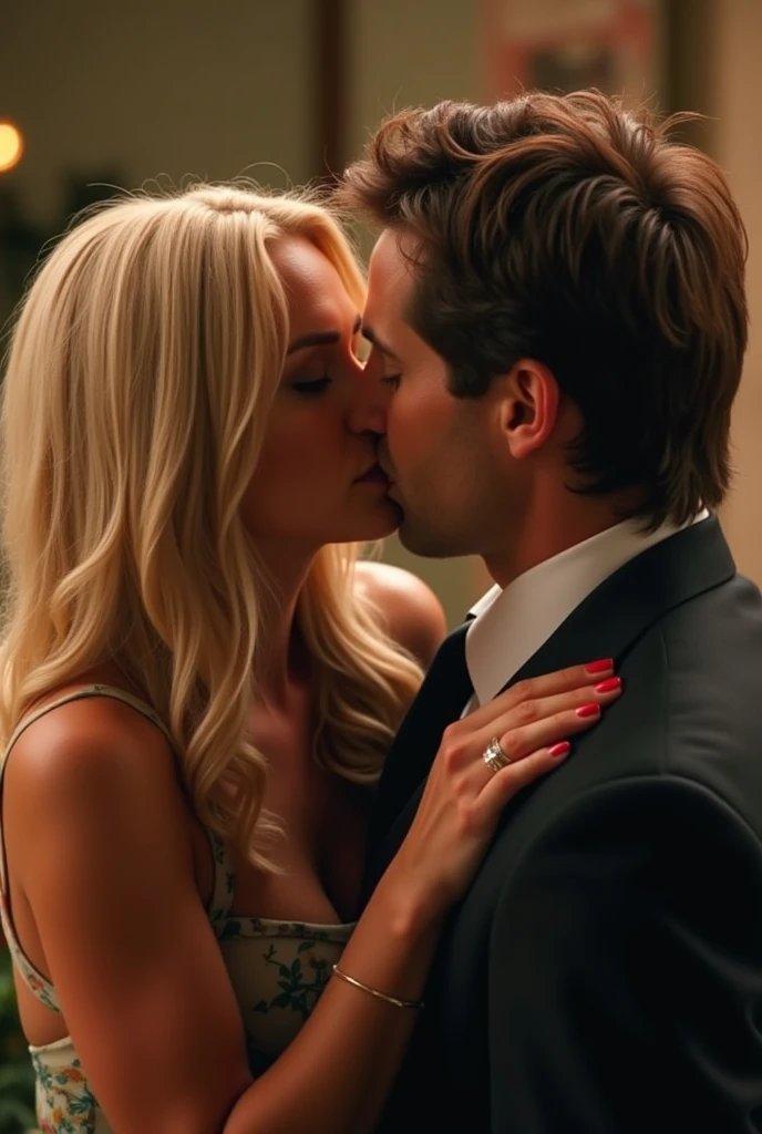 a couple, man in his 30s, short black hair, woman in her 30s, blonde, sensual, medium breasts, couple embracing in a seductive and intimate environment