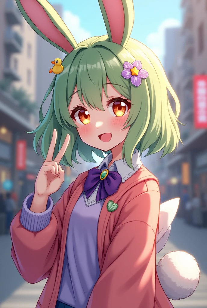 1 bunny girl, eighteen years old, cute and also beautiful teen, orange eyes with star pupils and doe eyes, with light green bunny ears and tail and light green hair shoulder length half up half down pigtails, mini duck hair clip on hair  with light purple and white flower accessory on hair, wearing light red uniform closed and oversized sleeves until elbow, with purple uniform bow accessory on neck, and light purple sweater oversized sleevesunder the light red uniform, wearing short light blue shorts and knee-high socks, light yellow shoes and white and green big bow behind back on lower torso, smiling with ✌ hands, closeup on face (half body), full city background noon-night, cute