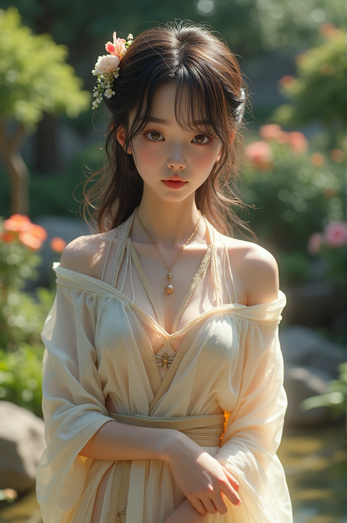 最high quality、high quality、Best image quality、8k、最High resolution、High resolution、最high quality、masterpiece、RAW Photos、Full body photo、Detailed and realistic human body、Detailed and realistic skin、Realistic face in every detail、Detailed and realistic eyes、Detailed and realistic lips、Detailed and realistic teeth、Detailed and realistic ears、Detailed and realistic hair、Realistic reproduction of every detail、((Beautiful Hands(thumb1、reference4))、Realistic feet down to the last detail、((Beautiful Japanese Girl))、((Junior.Idol))、(())、((Cute Japanese 12 year old girl))、((Y、、((Black Hair))、((Random Hairstyles))、((immature body shape))、((Ample breasts))、((Small breasts))、((Lustrous skin all over the body、Fair skin))、Soft natural light、Mini Kimono、Mini Ninja Costume、Japanese made sandals、Japanese tradition、Japanese garden、((Colorful floral pattern(Sexy Kimono))、((Sit on a natural stone in the garden(Poses to make your thighs look beautiful))、((Sexy panties visible from between the thighs))