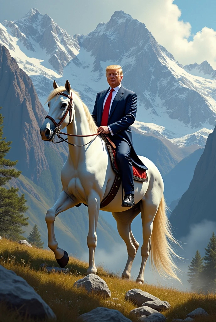 Trump in a custom clothing Riding a white horse in the mountains