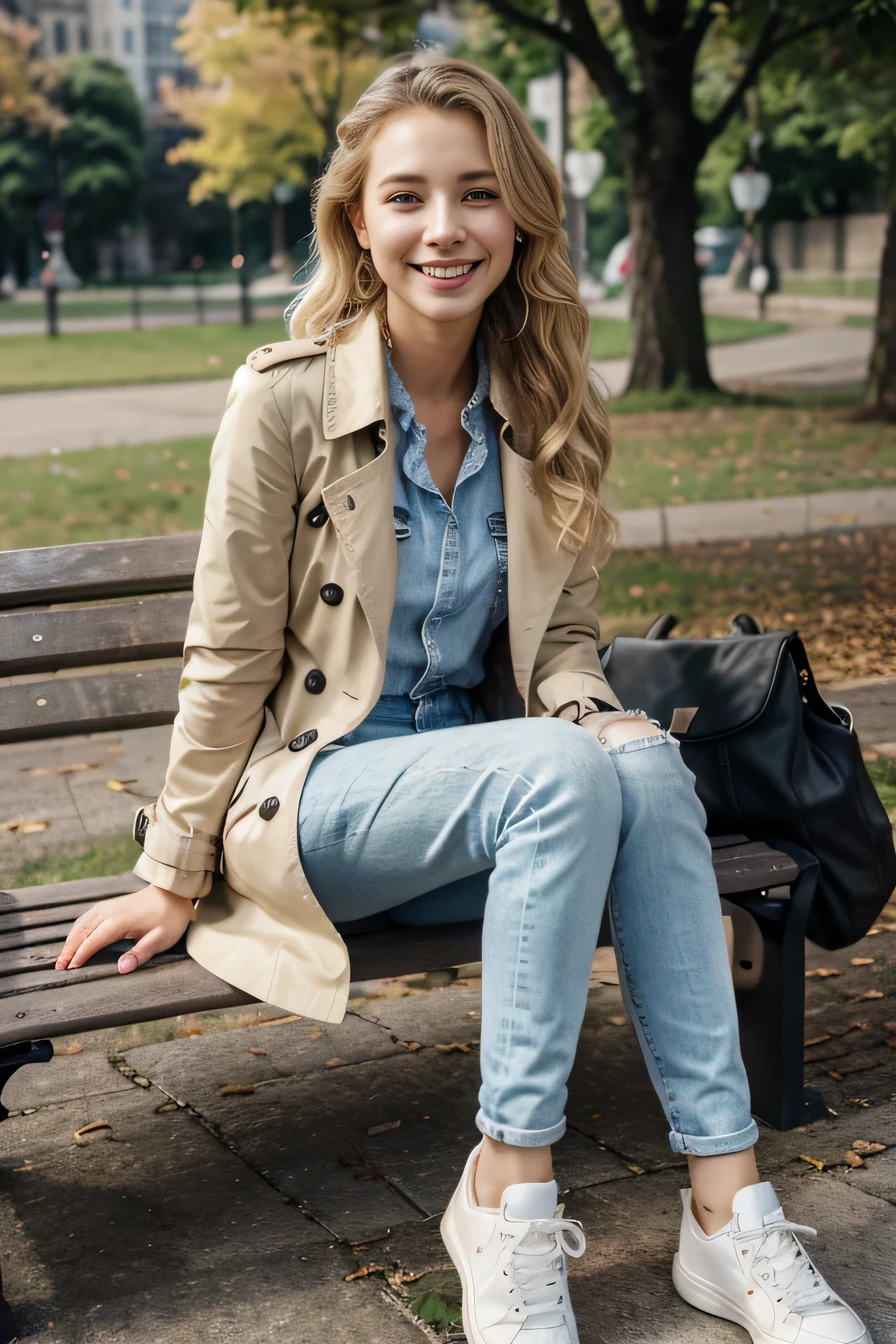 high quality, High resolution, 8k wallpaper, Beautiful Caucasian Woman、, Sitting on a park bench、 trench coat、, Skinny jeans, White sneakers 、 Blonde 、Wavy Hair、 、ear piercing、smile、Beautiful teeth alignment
