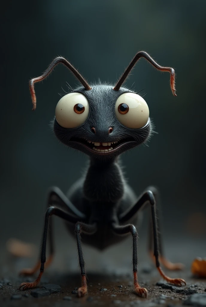 A black ant with comedy look on dark background 
