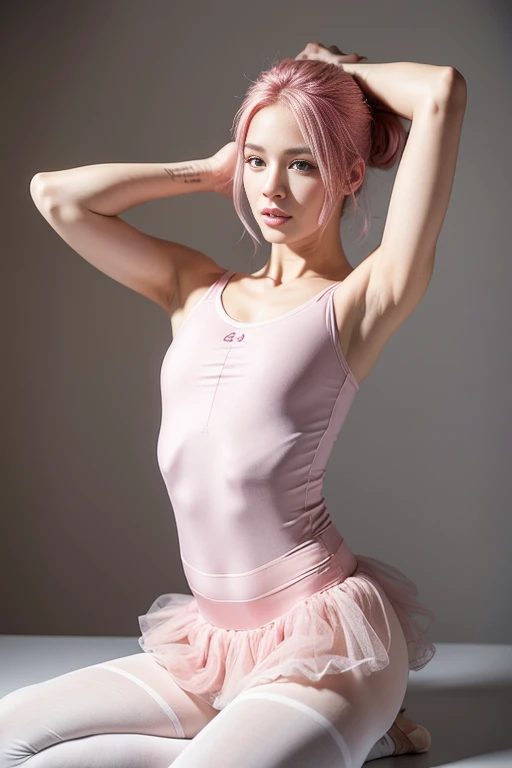 (Pink Hair :1.3),ballerina, Beautiful swan-like figure, (Highest quality,16K,Highest Resolution,Tabletop:1.2),Very detailed,(Realistic,Realistic,Realistic:1.37), flexible legs, 23-year-old woman, Random Hairstyles, Accentuate your waistline, Light background, Emphasis on flexibility, Ballet Suit, White Pantyhose, Pink tutu, Demonstrates leg flexibility, Ballet skirt, Ballet Suit