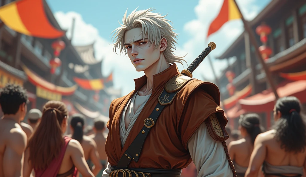 His complexion was as white as marble，This makes the enthusiastic peoples of the South look even more radiant，More sublime。His sturdy figure wore a brown tight short blouse，A finely carved dagger hung from his left butt。He rolled his sentimental eyes，At the same time, a mouthful of white teeth was exposed。