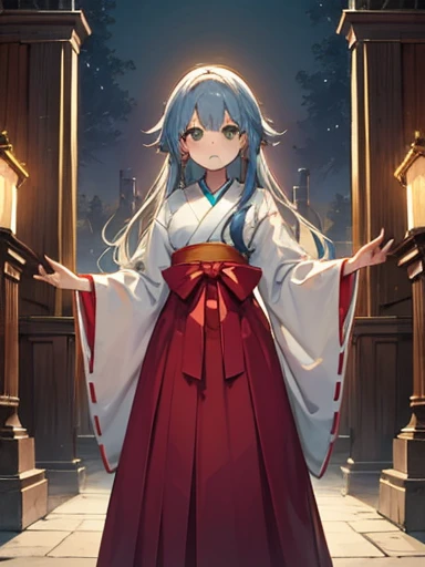 ((Highest quality)), ((masterpiece))、Small breasts are justice、Distant view、Female duo、Two witches、Dance、prayer、Uplifting、guide、(Blue and silver long hair、Blue-green eyes)、(Scarlet long hair、Orange eyes)、Miko costume、Hakama、morning haze、shrine