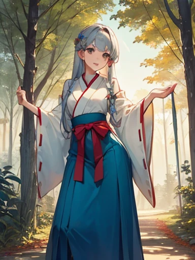 ((Highest quality)), ((masterpiece))、Small breasts are justice、Distant view、Female duo、Two witches、Dance、prayer、Uplifting、guide、(Blue and silver long hair、Blue-green eyes)、(Scarlet long hair、Orange eyes)、Miko costume、Hakama、morning haze、shrine