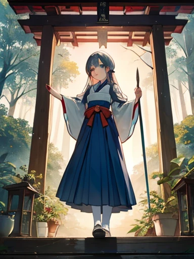 ((Highest quality)), ((masterpiece))、Small breasts are justice、Distant view、Female duo、Two witches、Dance、prayer、Uplifting、guide、(Blue and silver long hair、Blue-green eyes)、(Scarlet long hair、Orange eyes)、Miko costume、Hakama、morning haze、shrine