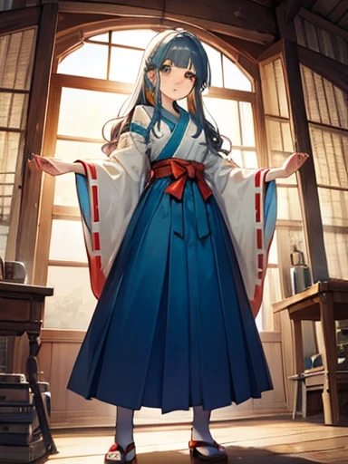 ((Highest quality)), ((masterpiece))、Small breasts are justice、Distant view、Female duo、Two witches、Dance、prayer、Uplifting、guide、(Blue and silver long hair、Blue-green eyes)、(Scarlet long hair、Orange eyes)、Miko costume、Hakama、morning haze、shrine