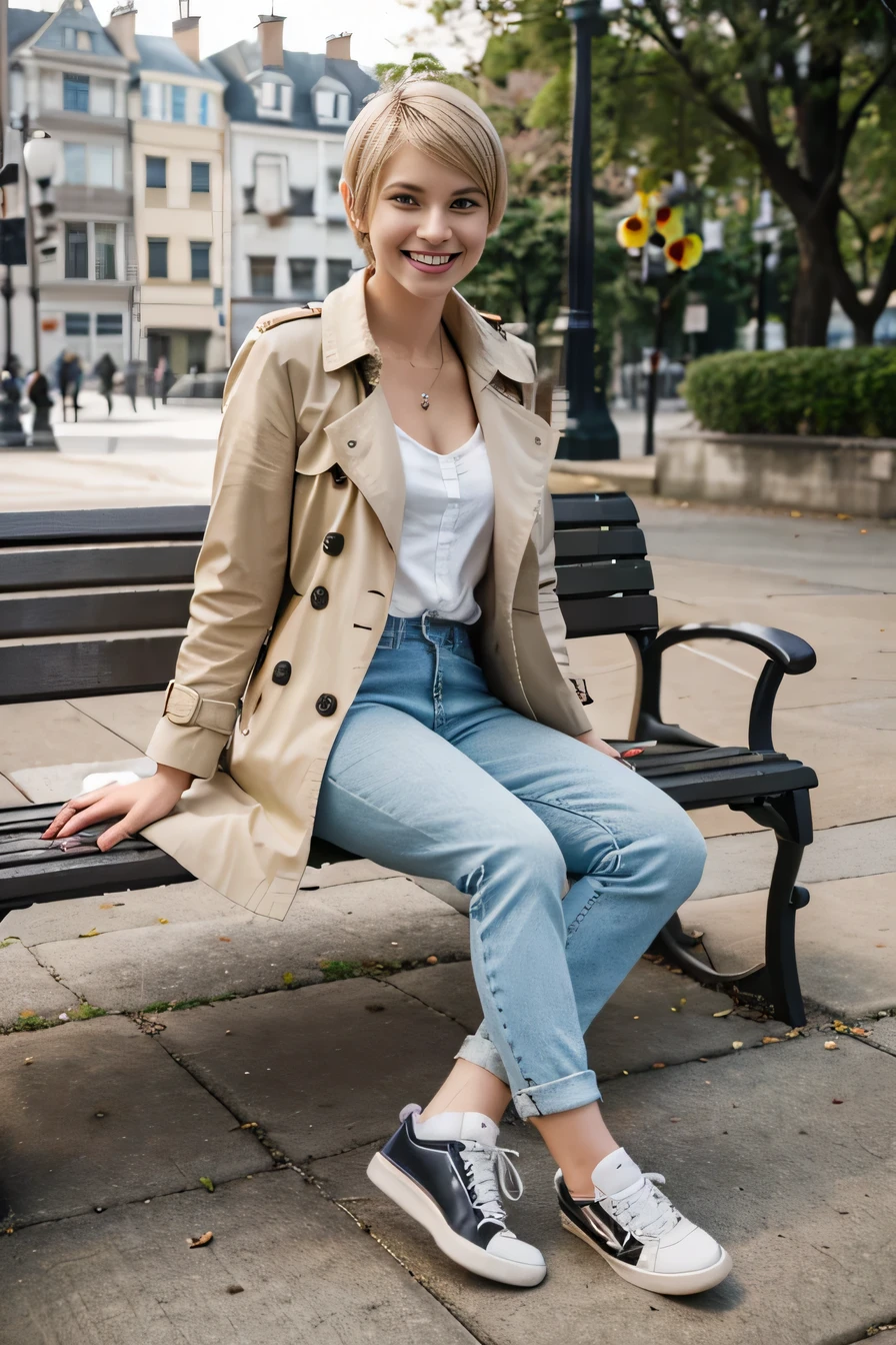 high quality, High resolution, 8k wallpaper, Beautiful Caucasian Woman、, Sitting on a park bench、 trench coat、, Skinny jeans, White sneakers 、 Blonde 、Short Haircut、 、ear piercing、smile、Beautiful teeth alignment