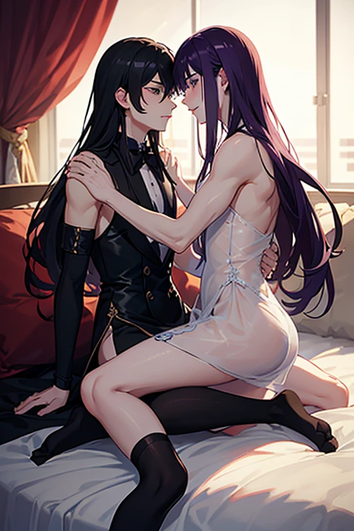 (Situation)Two men, young men, BL, homosexual, embracing each other on the bed, kissing while looking at each other, in a dark room, Chinese style
(Common appearance) Cross-dressing man, slender man, see-through Chinese dress, sheer gloves, knee-high socks, sheer nipples, visible penis, erect penis 1st man, around 16 years old, long dark purple hair, green eyes, looks like he&#39;s enjoying it, looks embarrassed 2nd man, around 20 years old, long black hair, black eyes, looks like he&#39;s enjoying it, looks embarrassed