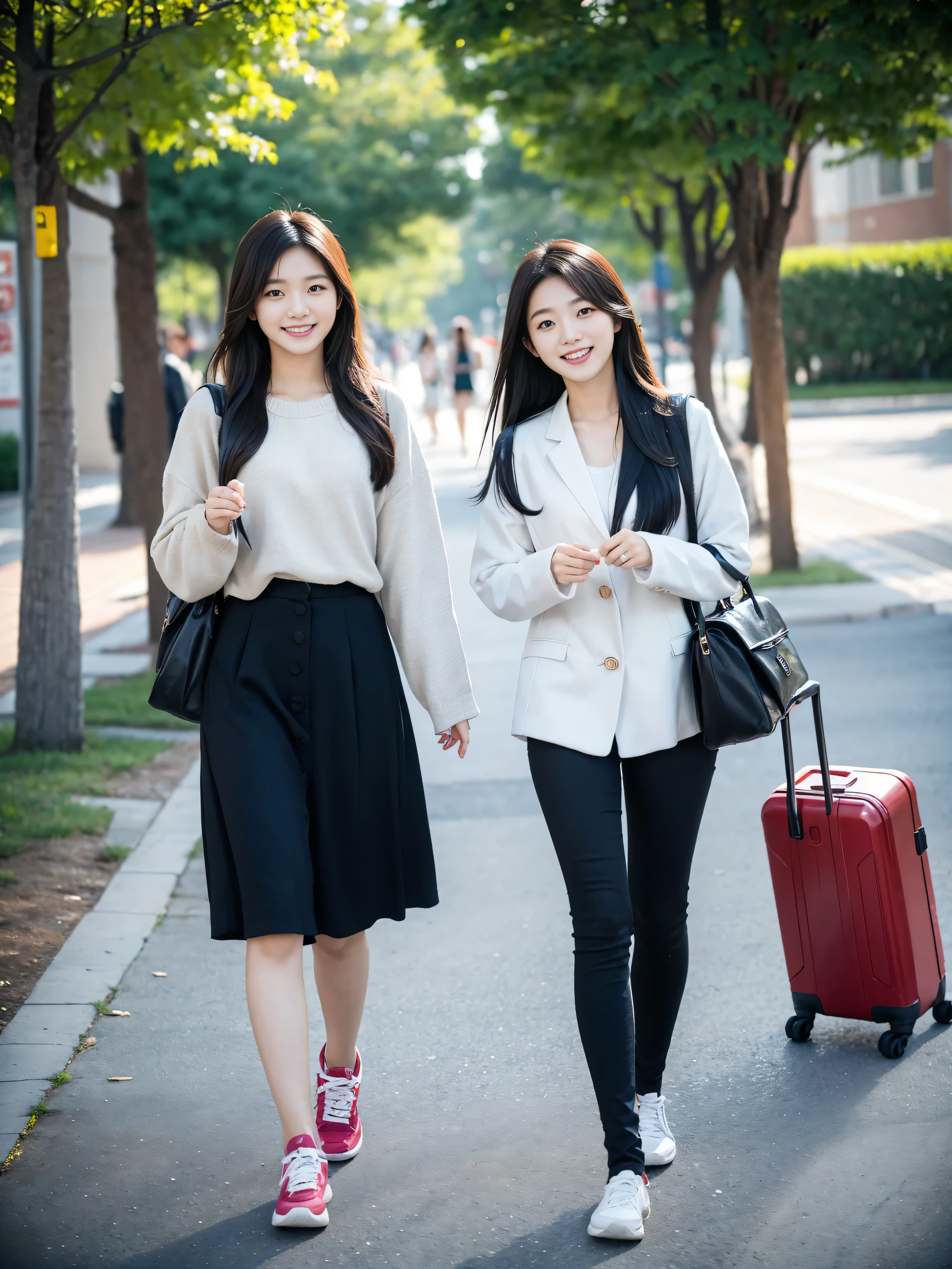 2 Korean female college students,Long hair beauty,With luggage,Walk around campus,Smiling and joking,High-quality photos,Full body photo of the person