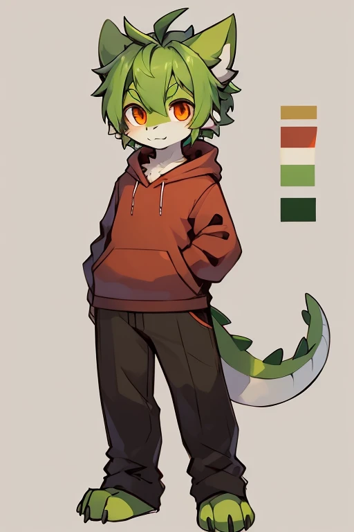 work of art, high-quality portrait, 16K, furry,(green_hair, white_horns, green ears, orange eyes, green fur:1.2), character sheet, white horns, kemono dragon, dragon cub, solo, dark red hoodie, black pants, discord pfp, dragon tail, normal sized paws, raised ears