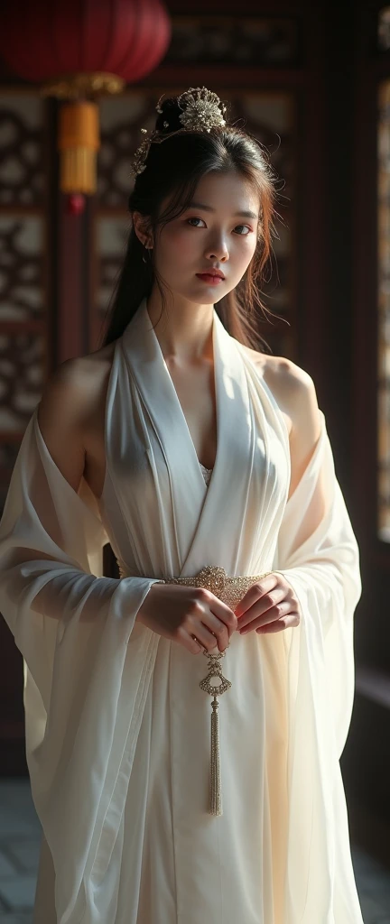 ((No NSFW)), best quality, masterpiece, highres, 1girl, china hanfu, chinese architect background, hair ornament, necklace, jewelry, Beautiful face, full body, tyndall effect, photorealistic, dark studio, rim lighting, two tone lighting, (high detailed skin:1.2), 8k uhd, dslr, soft lighting, high quality, volumetric lighting, candlelight, dark reflections, shadow not dark, highkey, Photograph, high resolution, 4k, 8k, Bokeh. From front, upper body cowboy shot of female model girl around 21-25 years old. Female model girl is wearing china hanfu that is classic traditional clothing of Tang Dynasty period and white color and ancient oriental lone robe and made of very sheer and transparent silk so very see through bare skin, wearing nothing under her china hanfu, with closed her chest by her china hanfu, with all back covered by her china hanfu.