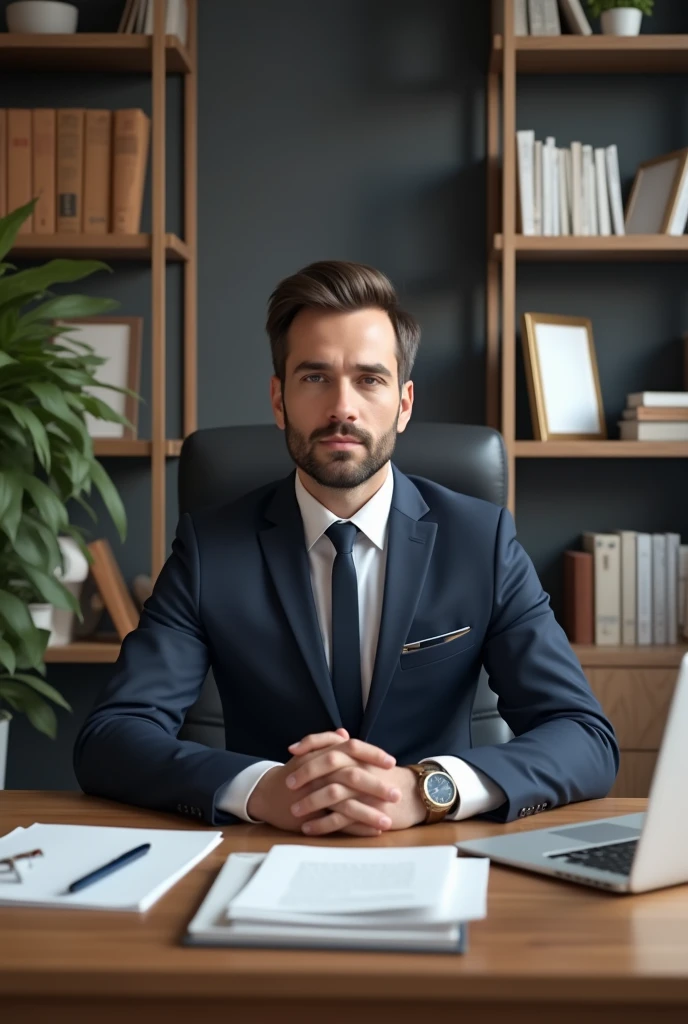 Here's an improved version of your prompt:

"A professional businessman sits confidently behind a well-organized desk in a modern office. He is dressed in a sharp, tailored suit, exuding success and professionalism. Behind him, there’s a bookshelf filled with books, and framed pictures adorn the wall, adding a touch of sophistication. A laptop is prominently placed on the desk, along with neatly arranged documents and a pen, creating an ideal setting for business and marketing content creation."