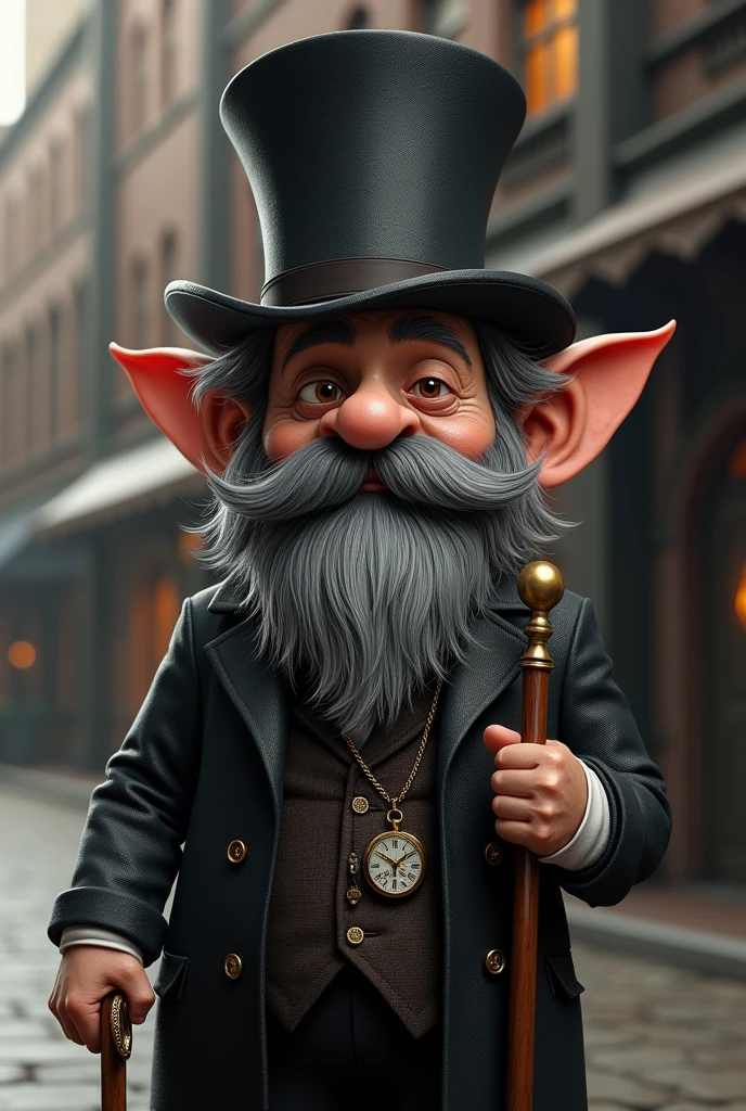 A dnd gnome in a suit from around the industrial revolution, Take off his gnome hat and put on a top hat, walking stick, y un anillo colocado en el mango del walking stick, The gnome has a mainly black beard with some grey hairs but well groomed, a pocket hat in the right breast pocket, a lens in the right eye, remove his mustache