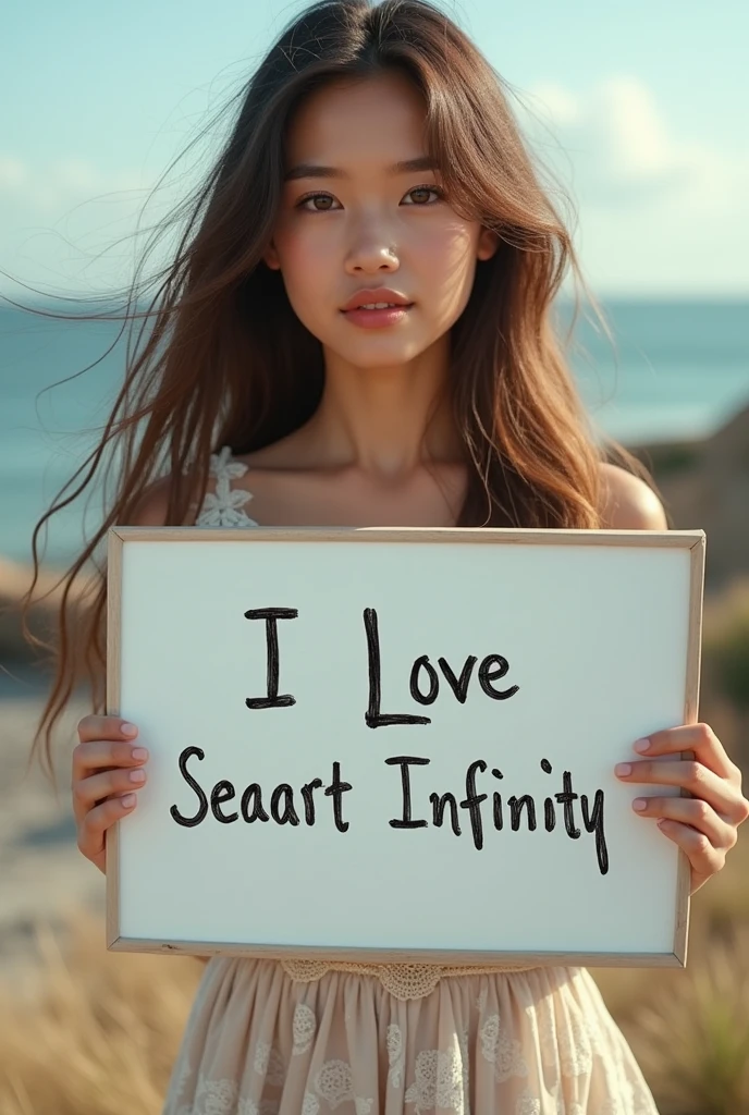 Beautiful girl with wavy long hair, bohemian dress, holding a white board with text "I Love Seaart Infinity" and showing it to the viewer