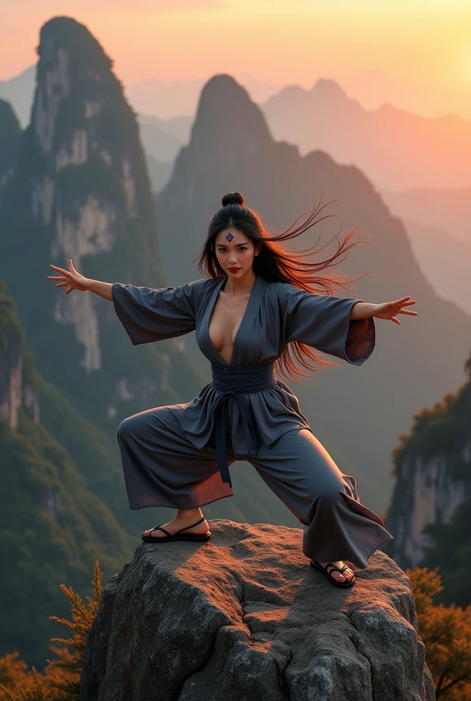 Birdseye view. beautiful woman, born Thai-korean as Tsunade Senju with a diamond mark on her forehead from the anime series “Naruto.” 30 years old at amidst Huangshan Mountain at sunset. dynamic martial arts on top cliff. she wears deep  united v neckline gray kimono, show her big tits, black long hair. chuckle. black open-toed sandals with high heels. high resolution, realistic, 8k