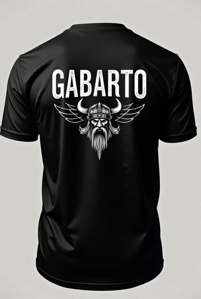 Photo of a black t-shirt with the name GABARTO and a Viking logo on the back of the t-shirt