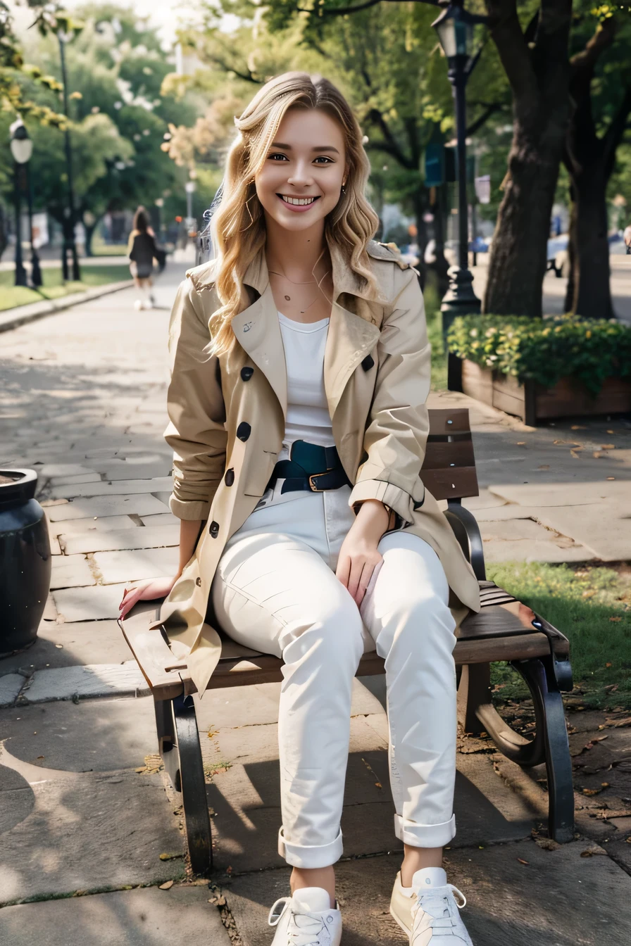 high quality, High resolution, 8k wallpaper, Beautiful Caucasian Woman、, Sitting on a park bench、 trench coat、, Skinny jeans, White sneakers 、 Blonde 、Wavy Hair、Short Haircut、 、ear piercing、smile、Beautiful teeth alignment