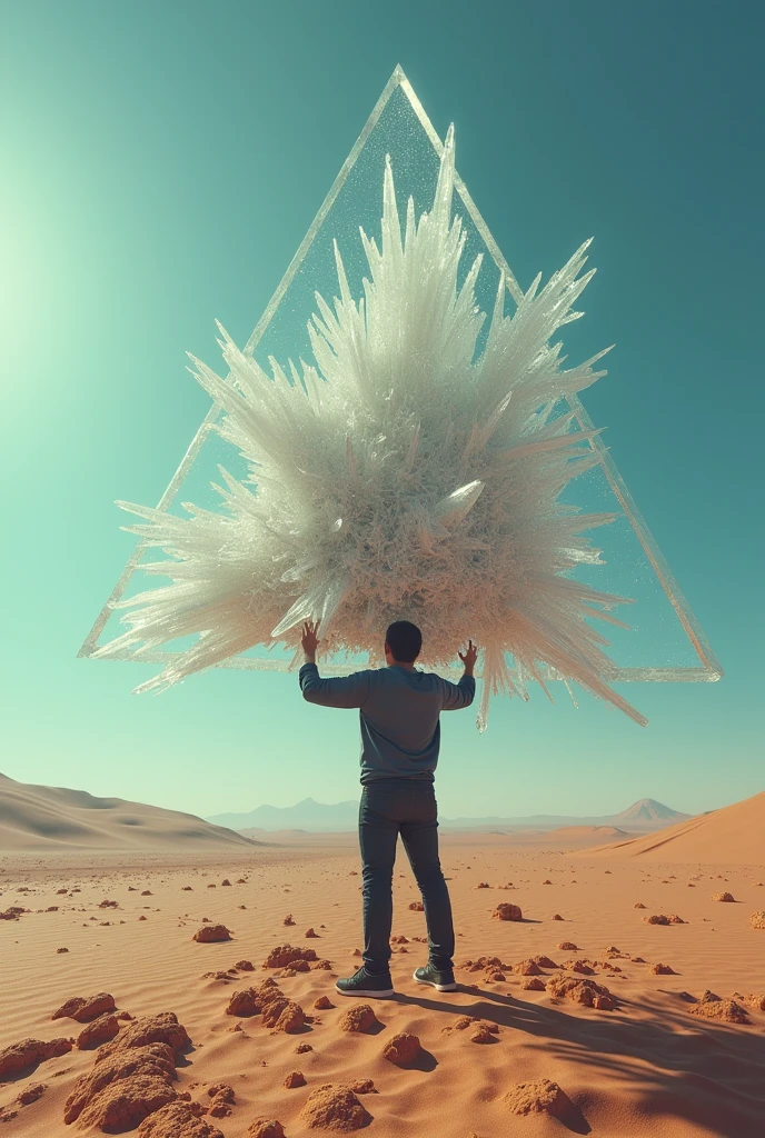 a man stands in the desert with a large object, full of glass. cgsociety, magic crystals, still from the film, inspired by Louis Mathieu Verdillian, trance DJ album cover, schism, triangle fragments, cinematic flare, connectivity, [ fragments, 4 dimensions