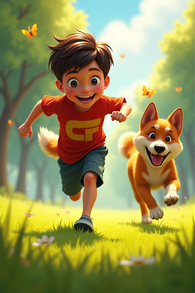 A dog running behind a boy