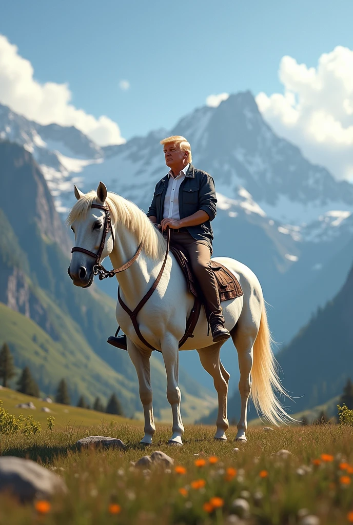 Trump Riding a white horse in the mountains in causal outfit for horse riding
