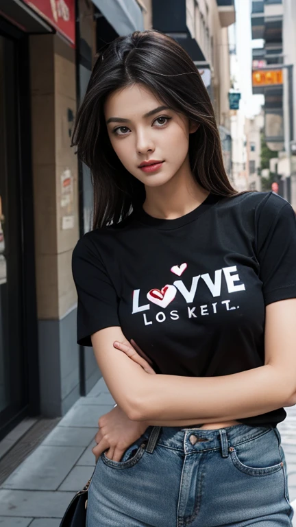 1 female, The logo on the chest reads "love.", Black T-shirt,jeans, Realistic, photograph, Posing, real photograph, Street