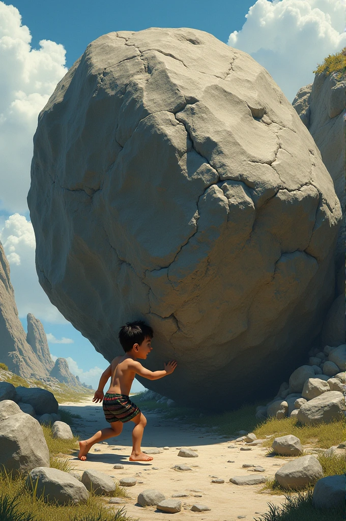 A child trying to move a big rock which is 10 times bigger than his size 