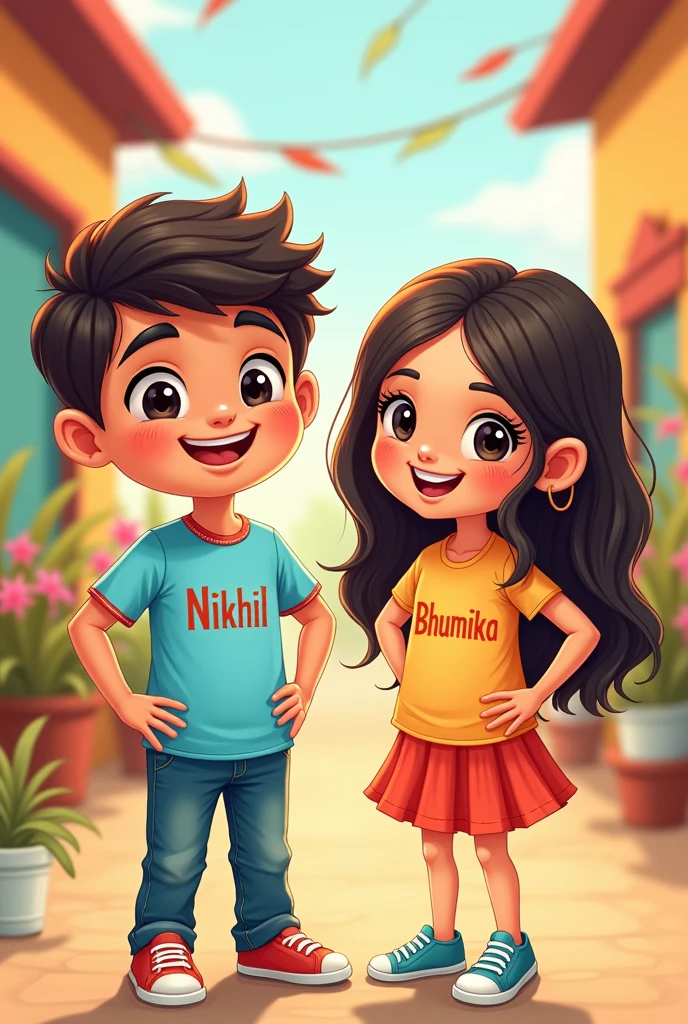 A boy and girl boy tshirt print Nikhil name and a girl tshirt print bhumika name