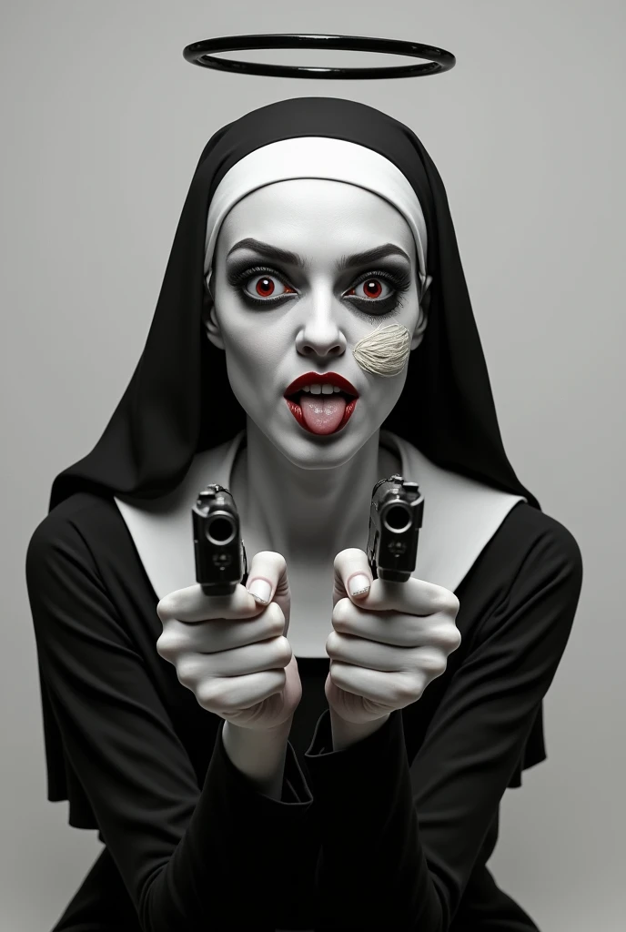 A black and white woman as a nun with red eyes with a 4 point star and has her tongue out smiling, has eyebags and a bandage on her cheek, has a halo on her head and sitting down and shaping her fingers like a gun at her(right hand) and her left doing the same thing but at the other side at the left empty space, completely grey background
