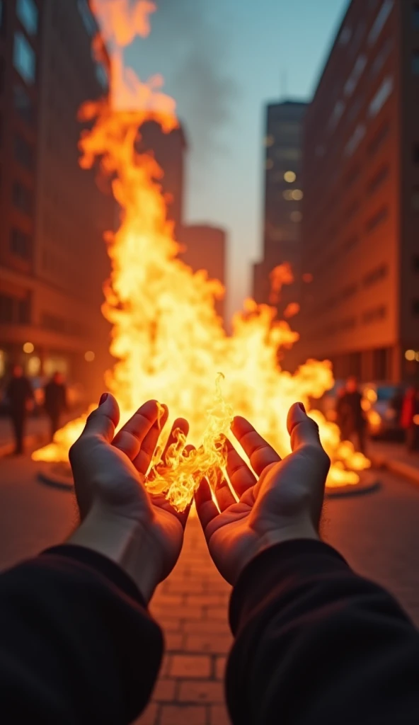 pov of hands that throw fire and flames in a city, pov