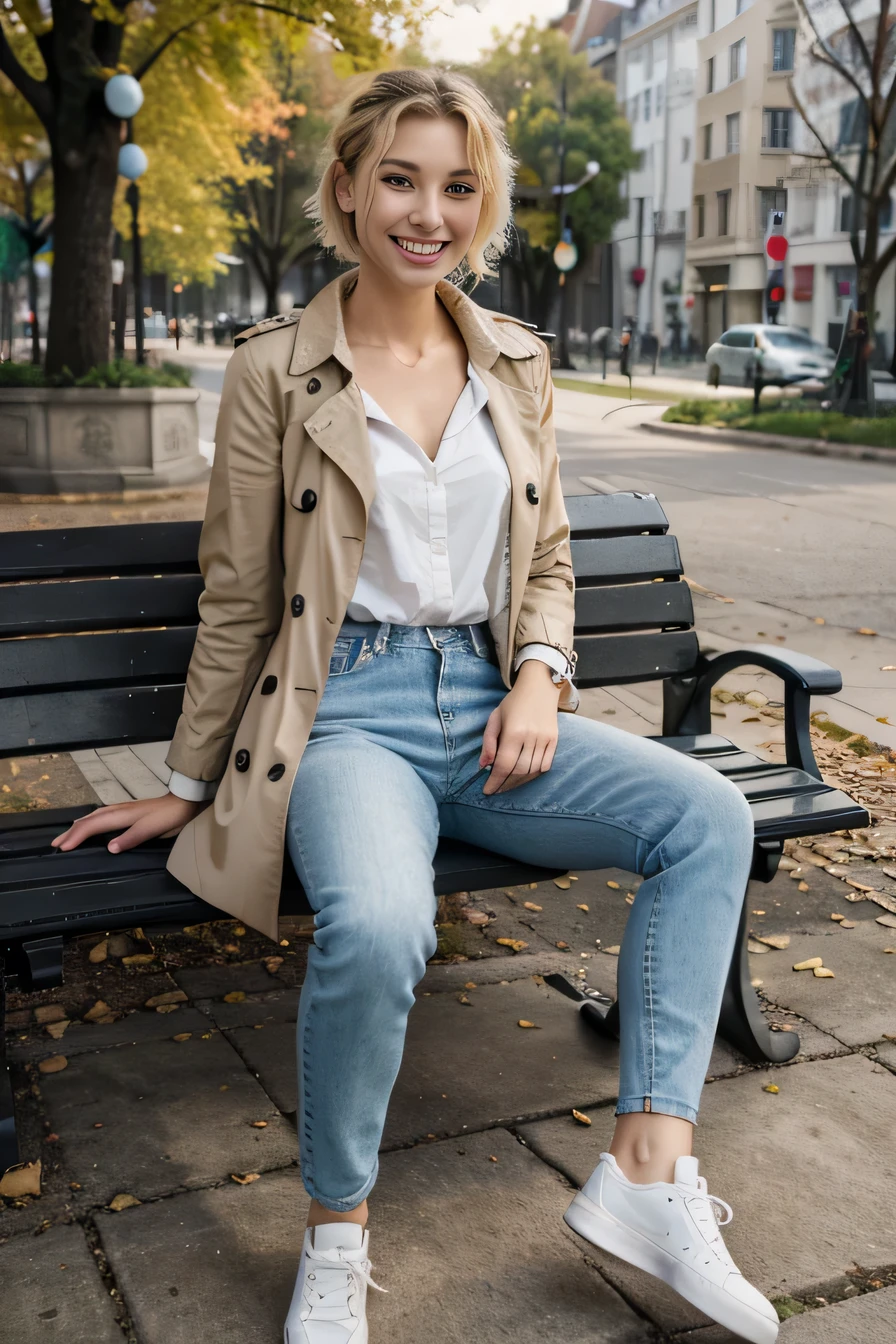 high quality, High resolution, 8k wallpaper, Beautiful Caucasian Woman、, Sitting on a park bench、 trench coat、, Skinny jeans, White sneakers 、 Blonde 、Wavy Hair、Short Haircut、 、ear piercing、smile、Beautiful teeth alignment

