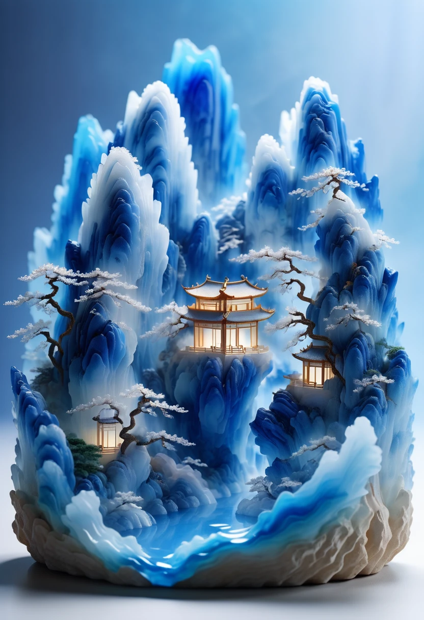 Micro landscape design carved from a piece of stone,Translucent glass material,Blue-white gradient,Traditional Chinese landscape painting,Abstract shapes,Minimalism,cave,,3d,Stone base