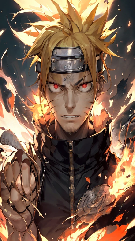 Naruto styled as a candle-themed mummy in a visually striking composition. He is dynamically posed in mid-flip, with wax-like bandages draped over his tattered orange jumpsuit. His face features a Photoshop-style illusion with fragmented, slightly misaligned features, giving him a comically frantic expression-wide, intense eyes and a manic grin. Naruto holds a flickering, candle-shaped kunai in one hand and lifts a pink hockey mask with the other. A crooked flame flickers from his hair, adding to the whimsical feel.\n\nThe background blends surreal candle structures with elements of Konoha,
incorporating a mix of Surrealism, Steampunk, and Cyberpunk. The composition uses vivid, high-contrast colors and textures, with dynamic effects like dripping wax and wind-blown bandages. The scene is arranged for visual balance, with Naruto\'s dramatic pose and expressive face drawing the viewer\'s eye, while the background elements provide a harmonious and engaging backdrop. The result is a striking, Pinterest-worthy visual with a perfect blend of chaotic humor and artistic flair.