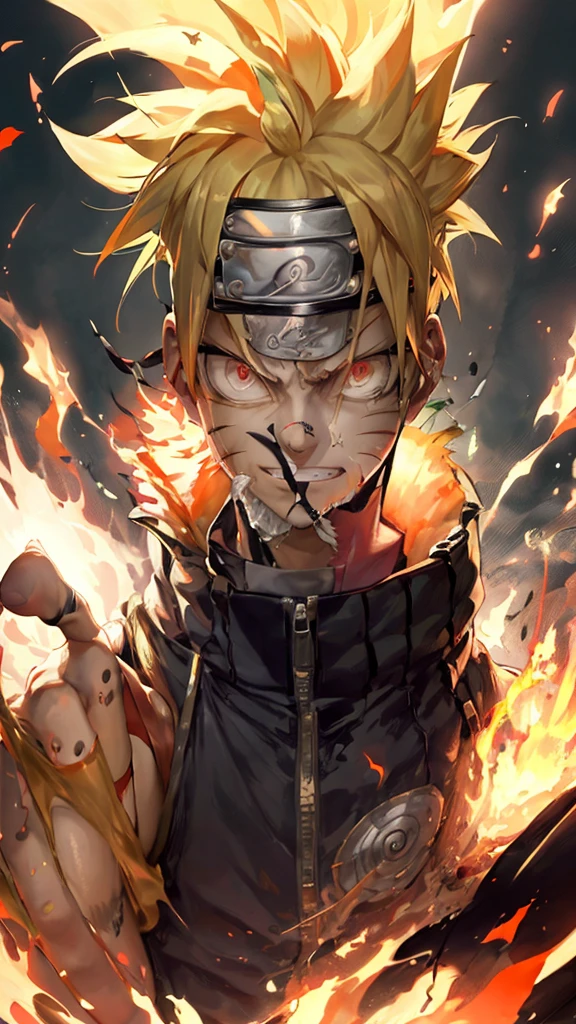 Naruto styled as a candle-themed mummy in a visually striking composition. He is dynamically posed in mid-flip, with wax-like bandages draped over his tattered orange jumpsuit. His face features a Photoshop-style illusion with fragmented, slightly misaligned features, giving him a comically frantic expression-wide, intense eyes and a manic grin. Naruto holds a flickering, candle-shaped kunai in one hand and lifts a pink hockey mask with the other. A crooked flame flickers from his hair, adding to the whimsical feel.\n\nThe background blends surreal candle structures with elements of Konoha,
incorporating a mix of Surrealism, Steampunk, and Cyberpunk. The composition uses vivid, high-contrast colors and textures, with dynamic effects like dripping wax and wind-blown bandages. The scene is arranged for visual balance, with Naruto\'s dramatic pose and expressive face drawing the viewer\'s eye, while the background elements provide a harmonious and engaging backdrop. The result is a striking, Pinterest-worthy visual with a perfect blend of chaotic humor and artistic flair.