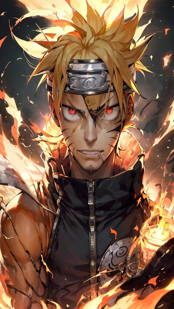 Naruto styled as a candle-themed mummy in a visually striking composition. He is dynamically posed in mid-flip, with wax-like bandages draped over his tattered orange jumpsuit. His face features a Photoshop-style illusion with fragmented, slightly misaligned features, giving him a comically frantic expression-wide, intense eyes and a manic grin. Naruto holds a flickering, candle-shaped kunai in one hand and lifts a pink hockey mask with the other. A crooked flame flickers from his hair, adding to the whimsical feel.\n\nThe background blends surreal candle structures with elements of Konoha,
incorporating a mix of Surrealism, Steampunk, and Cyberpunk. The composition uses vivid, high-contrast colors and textures, with dynamic effects like dripping wax and wind-blown bandages. The scene is arranged for visual balance, with Naruto\'s dramatic pose and expressive face drawing the viewer\'s eye, while the background elements provide a harmonious and engaging backdrop. The result is a striking, Pinterest-worthy visual with a perfect blend of chaotic humor and artistic flair.