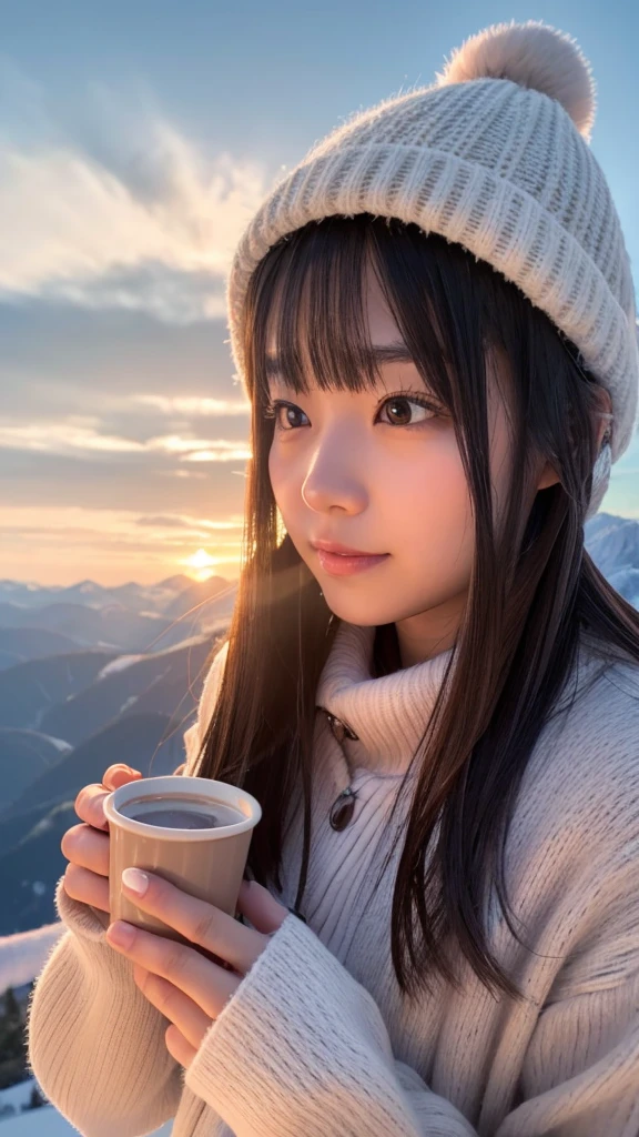 Sunset: Japanese girl in her 20s drinking hot chocolate on a snowy mountain in winter