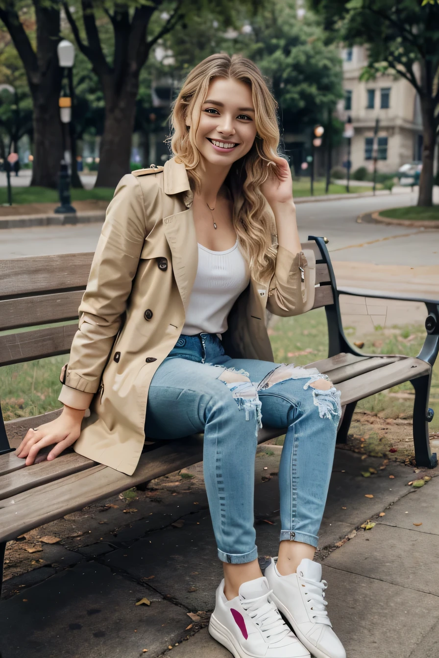 high quality, High resolution, 8k wallpaper, Beautiful Caucasian Woman、, Sitting on a park bench、 trench coat、, Skinny jeans, White sneakers 、 Blonde 、Wavy Hair、Short Haircut、 、ear piercing、smile、Beautiful teeth alignment

