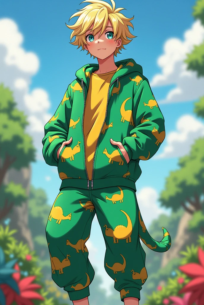 Dark blonde curly hair strong physique 15 year old appearance 1,70 tall. Could you make him with some green Dino pajama outfit?. I want it anime style