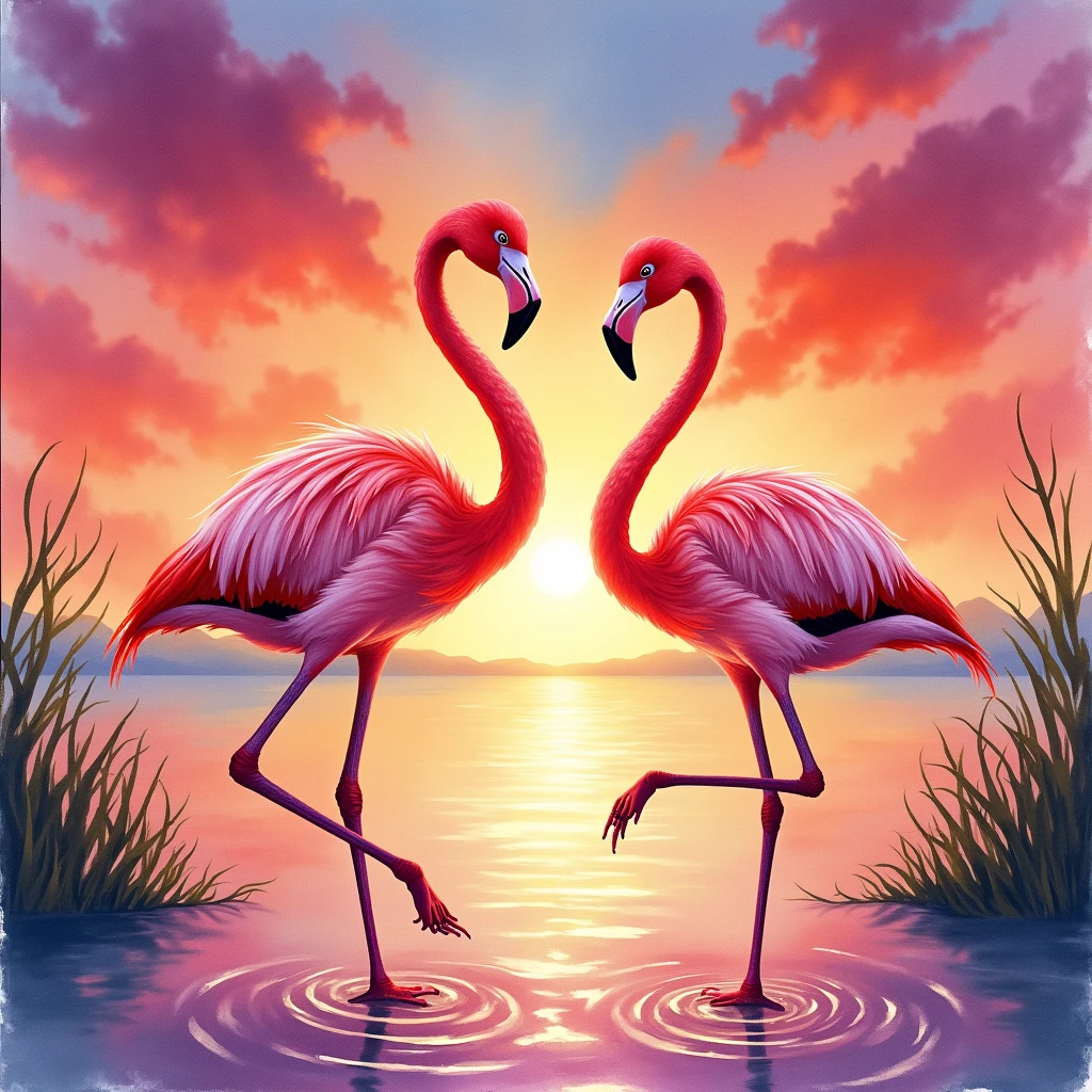 Watercolor painting of two Pink Flamingos dancing gracefully in a summer sunset, with vibrant hues of pink, orange, and purple, (Watercolor, Flamboyant art style, Vibrant colors), award-winning, masterpiece