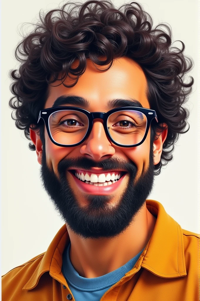 Drawing of a curly-haired man with glasses smiling, has a beard and is dark-skinned