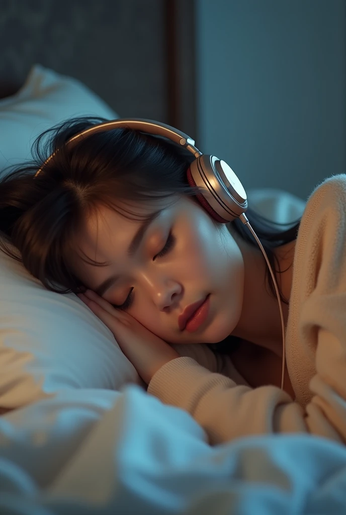 Beautiful girl falling asleep on the bed listening to music with headphones, covers over her head, hair color brown, cute atmosphere in the girl's room
