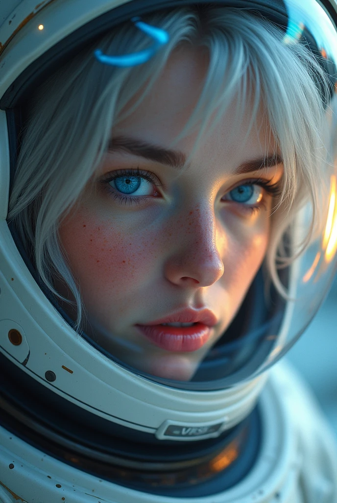 (Close-up of a better masterpiece:1.5)0.9], (Space and astronauts:1.2) (Messy silver hair:1.1) (Heterochromia xanthochromia and blue eyes:1.2) (Space Helmet:1.0) (Colored stars in the eyes:1.0) (A radiant glow:1.1) (thick lips:0.9)